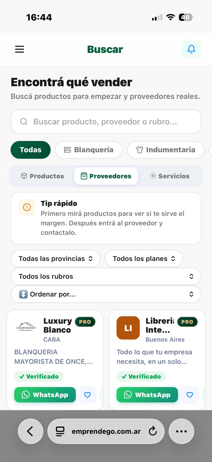 El buscador de EmprendeGo con proveedores verificados